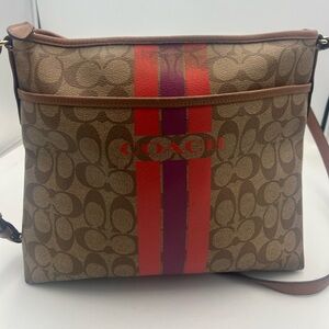 Coach Varsity Stripe Large File Rowan Crossbody Bag Purse Canvas Coated Logo